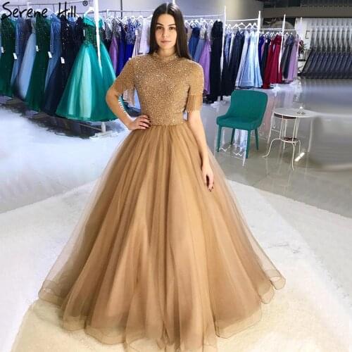 Nude Crystall A-Line High Neck Tulle Evening Dresses 2020 Beading Tassel Formal Dress Design Serene Hill LA70490