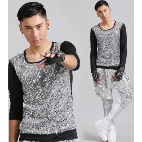 Round collar fashion punk slim sexy shirt men long sleeve sequins shirt teenage shirt mens personality stage singer dance