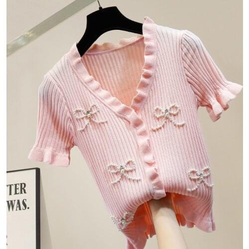 Heavy industry beaded knitted shirt women sweet V-neck ice silk short sleeve top blouse