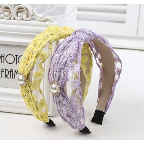 Korean Fashion Mesh Flowers Pearl Hair Band Headband For Women Lady Hair Band Wide Side Cross Hair Hoop Hair Accessories