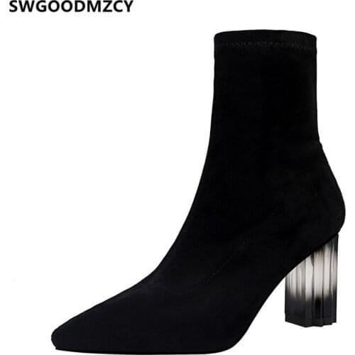 Ankle Boots For Women Black Boots Women Shoes Winter Transparent Heel Big Tree Shoes Sexy High Heels Winter Boots Woman Сапоги