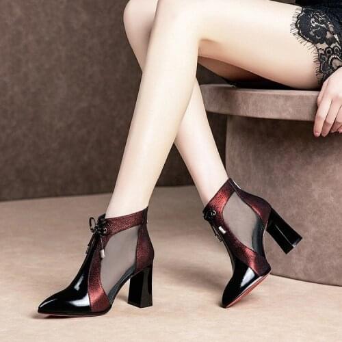 Network Boots Female Hollow High-Heeled Shoes Female 2020 Summer New Mesh Sandals Female Chunky-Heel Color Block Womens Shoes