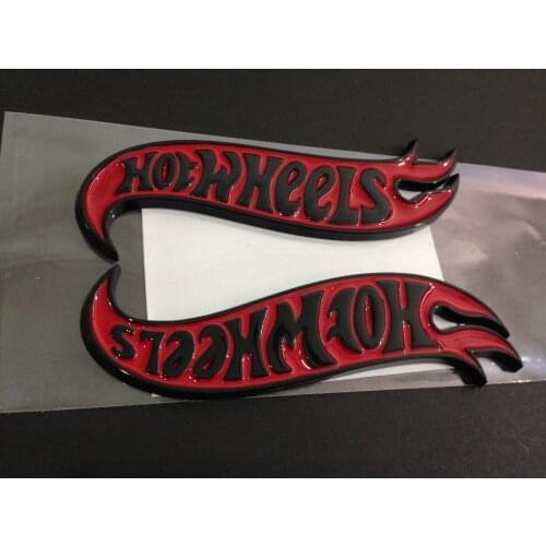 1pair glossy black & red Hot Wheels Flames Emblem Badge Hot Rod, Mustang, Camaro