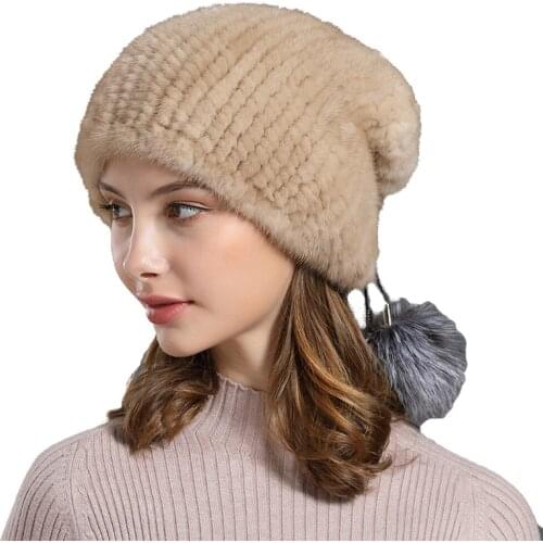 Fur Hat Women 100% Import Mink Fur Beanie Cap Winter Ear Warm With Silver Fox Pompom Fashion Lady