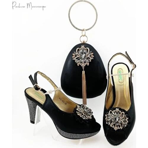 2020 Hot Selling Italian Design Fashion African Nigerian Ladies Shoes and Bag Set Decorated With Rhinestone in Black Color