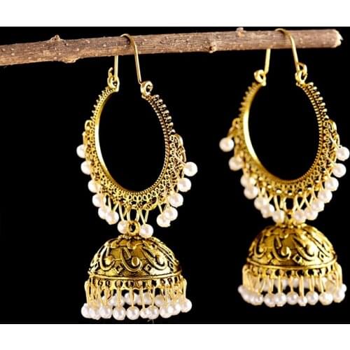 2021 Luxury Indian Jewelry Fashion Rhinestone Pearl Tassel Boho Gypsy Antique Ethnic Gold Big Round Dangle Earrings For Women
