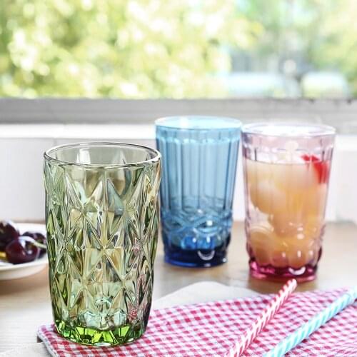 3pcs Retro Relief Water Cup Coloured Glass Cup European Thickened Household Large Milk Juice Cup