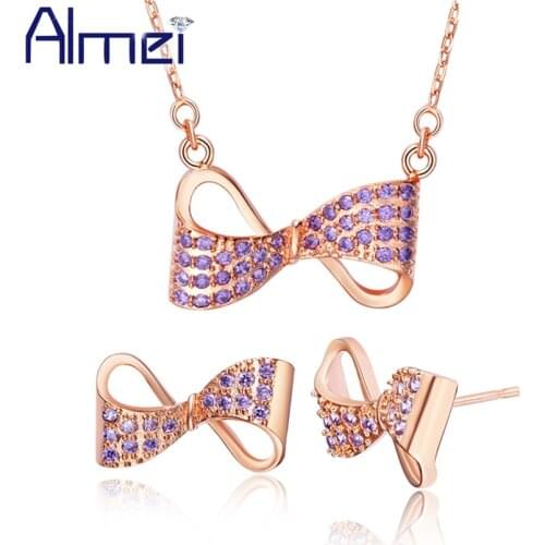 Almei 2018 New Korean brincos colar conjuntos para a mulher,Earrings Butterfly Knote Chain Necklace Jewelry For Woman Girls T419