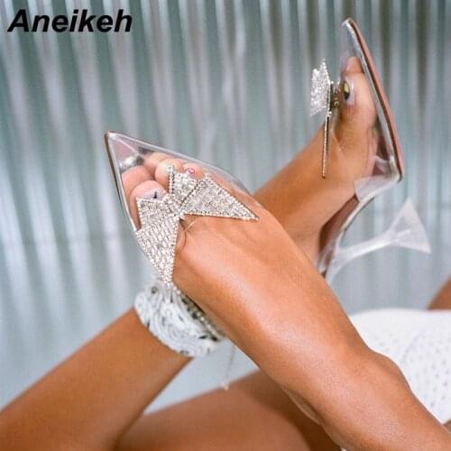Aneikeh Spring 2021 Fashion PVC Crystal Womens Pumps Sexy Elegant Thin Heels Pointed Toe Shoes Butterfly-Knot Slingback Novelty