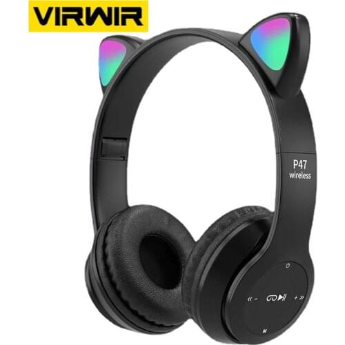 VIRWIR Cute Cat Ears Bluetooth Wireless Headphone Noise Cancelling HIFI Stereo Music Headset Support Wired FM SD Card With Mic