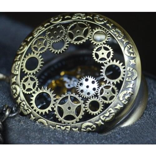 TIEDAN Bronze Sport Style Steampunk Skeleton Mechanical Pocket Watch Men Antique Luxury Brand Necklace Pocket Fob Watch Chain