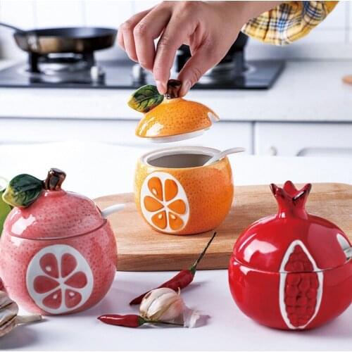 Creative Fruit Design Ceramics Condiment Salt Sugar Herb Spice Seasoning Pot Chili Storage Bottle Jars Container Kitchen Decor