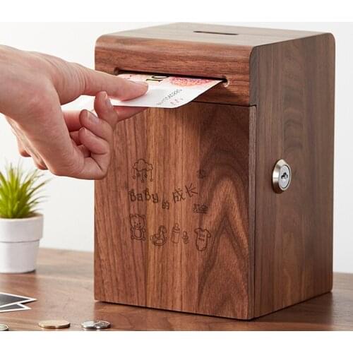 Creative beech wood saving box children piggy bank with lock drop-proof large-capacity coin and banknote piggy banks home decors