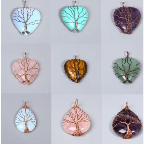 Fashion Wire Wrap Tree of Life Pendant Natural Quartz Opal Turquoises Stone Charms Pendant for Jewelry Making DIY Accessorie