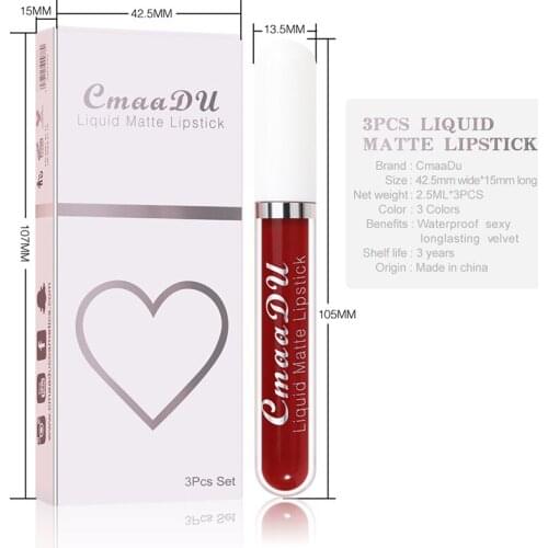 Matte Lipstick Set 3 Colors Long-Lasting Waterproof Velvet Lip Lipgloss Kit Cosmetics Gift Set for Girls Women NE