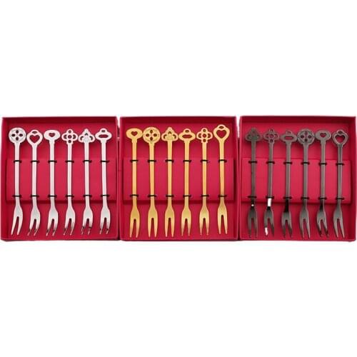 Cartoon Stainless Steel Fruit Fork Simple Multi-purpose Snack Dessert Cake Fork Two-tooth Fork Set 6 Pcs Cafeteria Home Flatware