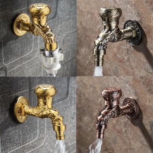 Wall Mount Tap Bibcock Antique Carved Zinc Alloy Retro Decorative Garden Faucet Single Hole Washing Machine Mop WC Outdoor Taps