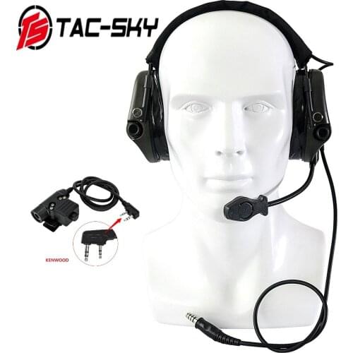 TAC-SKY Tactical Electronic Shooting Earmuffs TEA Hi-Threat Tier 1 With Tactical Earphone Adapter U94 PTT Kenwood Plug