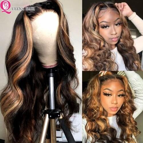 Highlighted Lace Frontal Wig Ombre Blonde Highlight Lace Front Human Hair Wigs For Women 13x4 Brazilian Remy Bodywave Wig 180