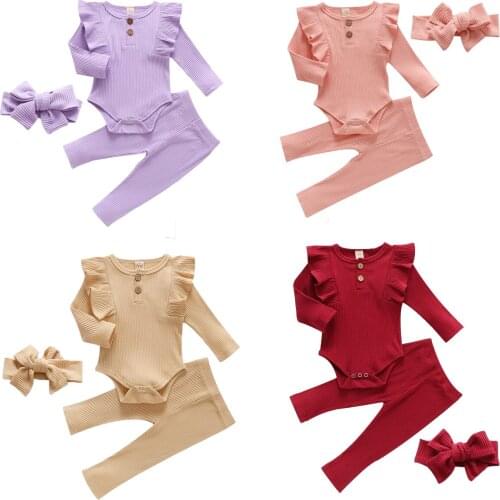 2020 Autumn Newborn Baby Girls Clothing Set Toddler Ruffle Long Sleeve Solid Color Romper + Elastic Waist Pants + Headband 0-24M