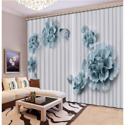 Luxury Blackout 3D Window Curtain For Living Room blue curtain flower curtains