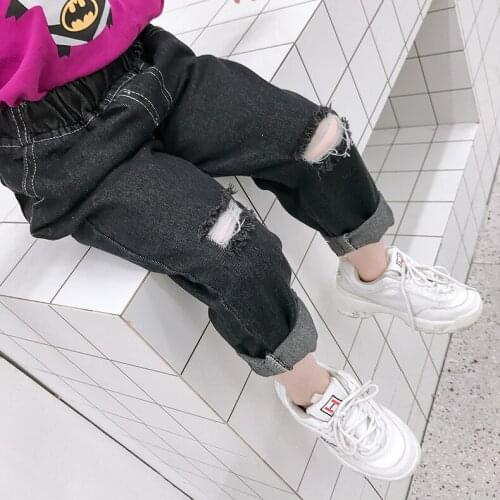 Spring Autumn Girls Jeans Casual Hole Elastic Waist Denim Pants 2 3 4 5 6 Y Toddler Baby Pants Black Jeans for Girls New Arrival