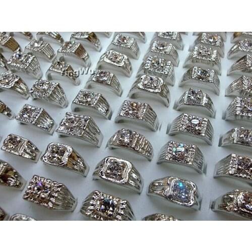 Yingwu Wholesale 100pcs Men Women Silver Plated Crystal Rhinestone Rings Silver Wedding Band Ring Hot