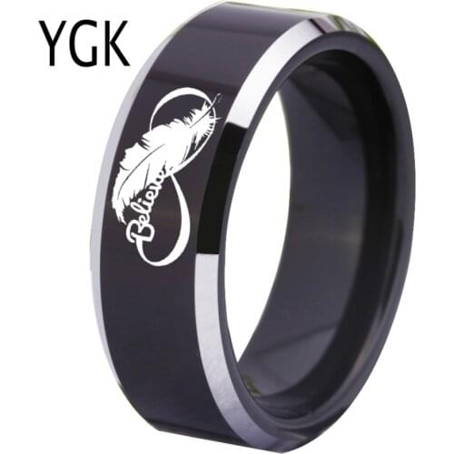 YGK Jewelry Infinity Believe Design Black With Silver edges Tungsten Ring New Mens Wedding Engagement Anniversary Gift Ring