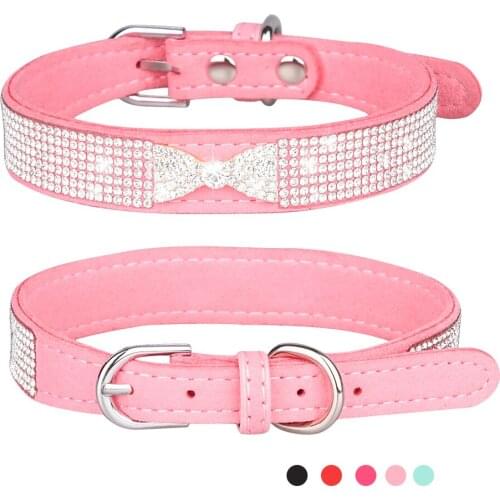 Suede Dog Cat Collar Bow Multirow Shining Rhinestone Adjustable Walking Pet Collars For Small Medium Dogs Soft Dogs Neck Strap
