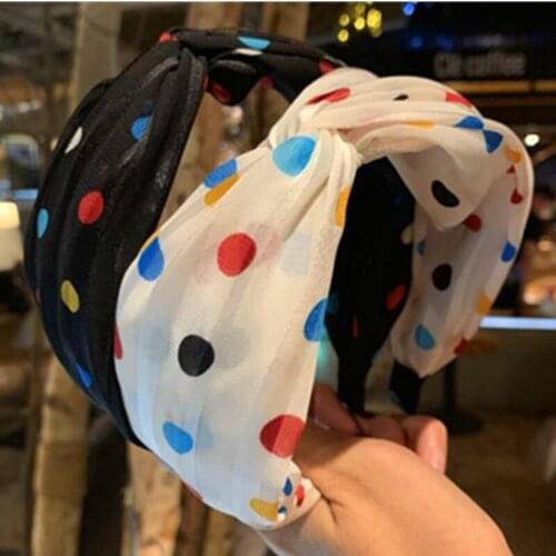 Women Handmade Chiffon Fabric Hairband Colorful Dots Print Headband Ladies Wide Cross Head Band Adults Hair Accessories