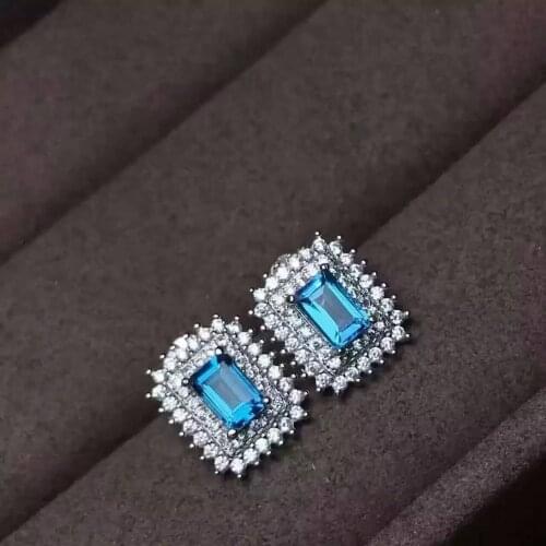 Natural topaz stone earrings 925 silver Natural blue gemstone earring women Classic Elegant Fashion Square for party