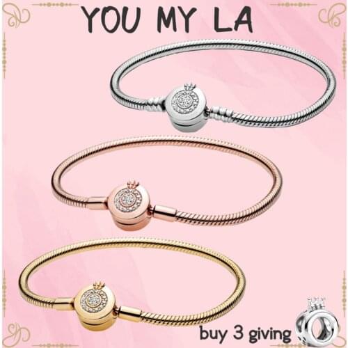 Real 925 Sliver Bracelet for Women Snake Chain Fit Pando Bead Moments Sparkle Fashion Jewelry Femen Wedding DIY Gift