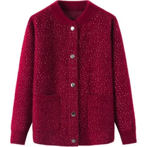 Middle-Aged Elderly Women Knit Sweater Cardigan Jacket Tops Spring Autumn Imitation Mink Velvet Knitted Sweaters Coat Outerwear