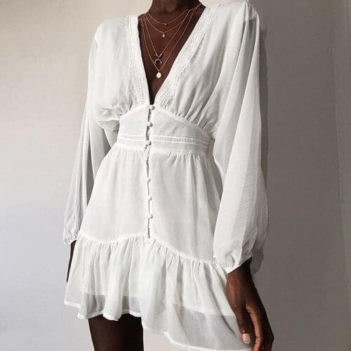 Sexy Plunge V Neck Womens Summer Dress White Lace Long Sleeve Elegant Mini Beach Wedding Party Dress Women Ruffle Robe 2021