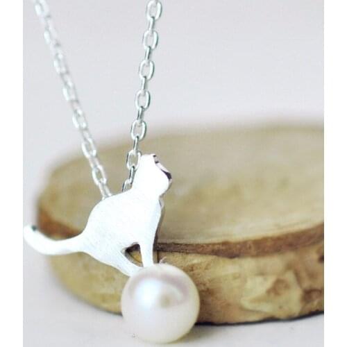 Daisies 925 Sterling Silver Cute Cat Imitation Pearl Necklaces & Pendants Statement Summer Statement Jewelry For Women