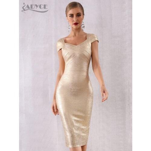 ADYCE 2021 New Summer Gold Bandage Dress Women Vestido Sexy Short Sleeve Bodycon Club Dress Midi Celebrity Evening Party Dresses