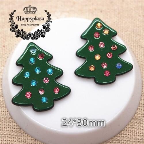 10pcs Kawaii Shiny RhinestoneChristmas Tree Resin Planar Flat back Art Decoration Charm Craft DIY Jelwelry Accessories,24*30mm