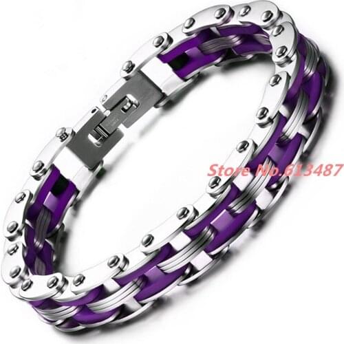 8.26" 10mm Mens Womens Bangle Purple Silicone & Silver Color 316L Stainless Steel Fashion Wristband Cuff Bracelet Xmas Gift