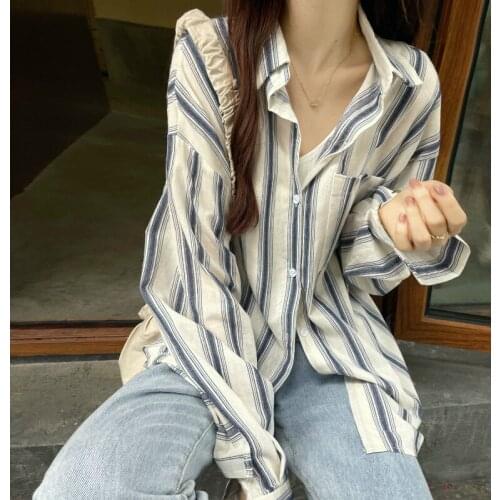 Striped Loose Long Sleeved Korean Autumn Elegant Fashion Blouses And Tops WomenS Shirt Clothing 2021 Female Vintage