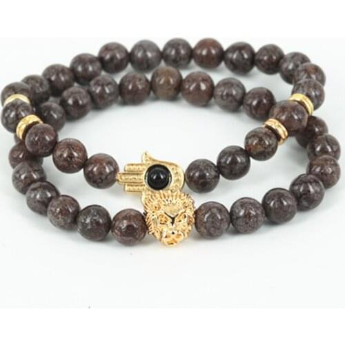 High quality natural snowflake round stone beads men lion head bracelet beaded gold-color hamsa hand women bracelet as a gift