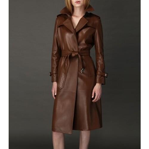 [ElfStyle] - Classic Design Luxury Lambskin Genuine Leather Trench Wrap Coat Waist Belt Lapel Collar with Buckle belt Woman