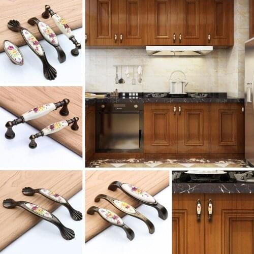 Ceramic Door Handles Alloy Knobs Vintage Rural Flower White Bronze Ceramic For 8 Sizes Cabinet Cupboard Kitchen Accessories