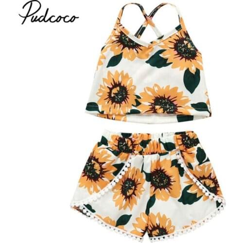 Girls Sets 2019 New Spring Summer Floral Children Sleeveless Tank Tops +Sunflower Shorts 2PCS Kids Suit Fashion Children Clothes