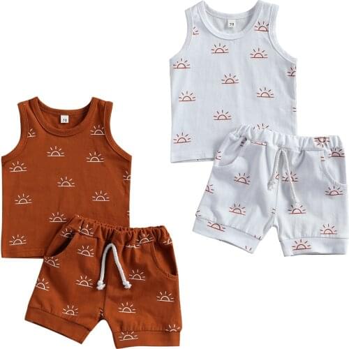 Lioraitiin 0-3Years Toddler Baby Boy Girl Clothes Sets Sun Print Sleeveless Pullover Vest Shorts 2 Colors 2Pcs Outfit