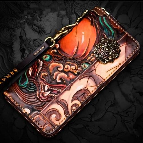 Handmade Wallets Hand Carving Lion Zipper Purses Women Men Long Clutch Vegetable Tanned Leather Wallet Card Holder