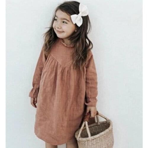 Kids Clothing Toddler Kids Girls Dress Linen Dress Brown Color Spring Baby Girls Dresses European & America Style Clothing