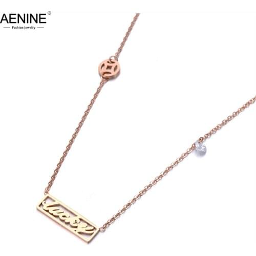 AENINE Trendy Ancient Coins Luckly Charms Necklaces For Women Girls Rose Gold Stainless Steel CZ Crystal Pendant Jewelry AN19031