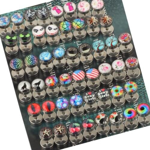 Stainless Steel Men Earrings Studs Fake Gauges Ear Piercing Plugs Tunnel Screw Design Eyeball Black Earrings Flat Stud Ear Bar