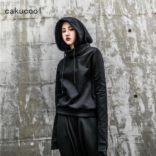 Cakucool New Women Hooded Sweatshirt Korean Designer Casual Hoodies Pullover Top Minimal Novelty Femme Black Grey Women Clothing