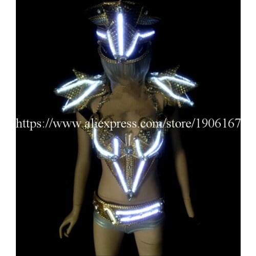 2015 Newest Led Illuminate Women Dance DS Costume Led Light Growing Stage Clothes Sexy Lady Crystal Evening Dress Dance Wear